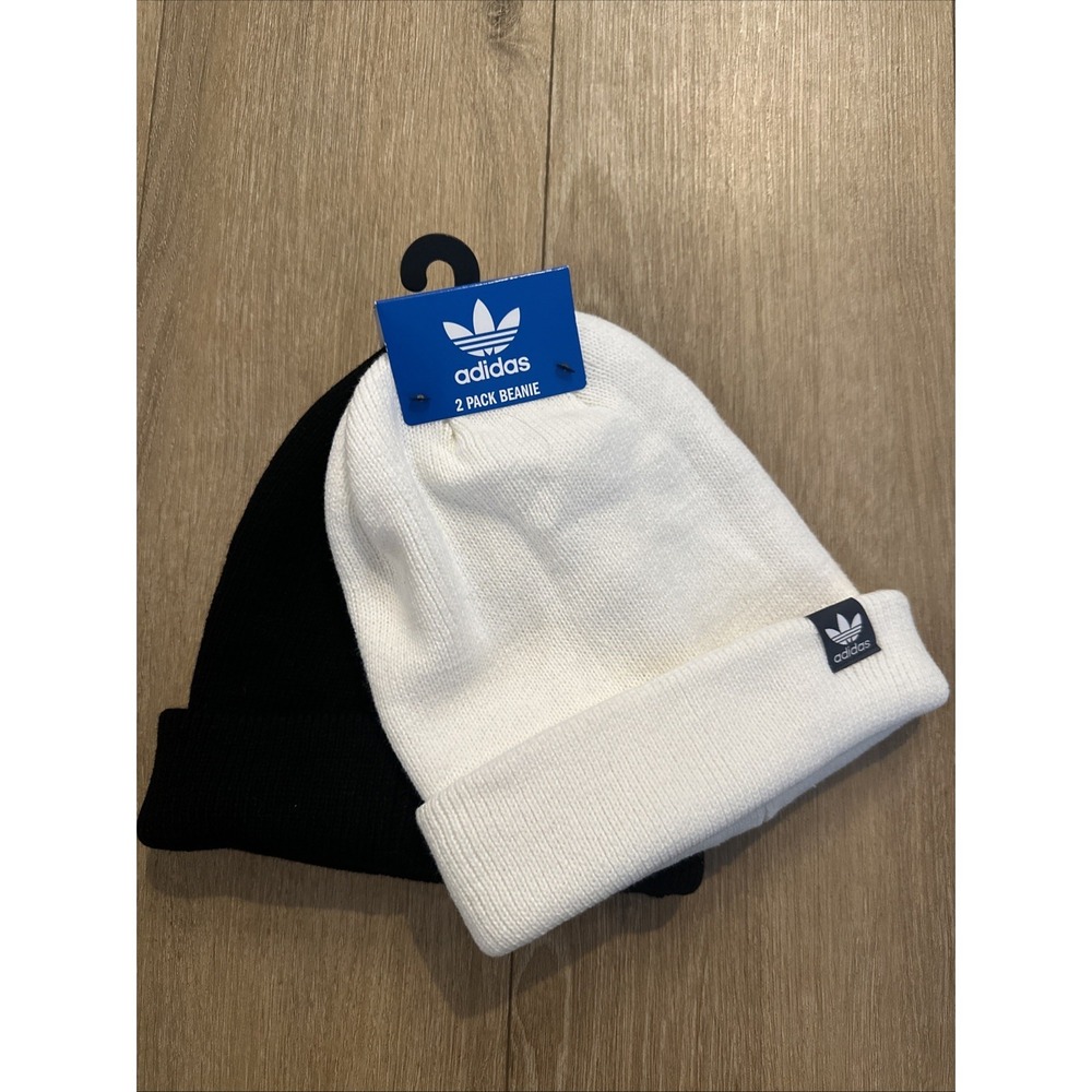 2 Pack Adidas Originals Trefoil Cuffed Beanie Hats Women's Fit White And‎ Black